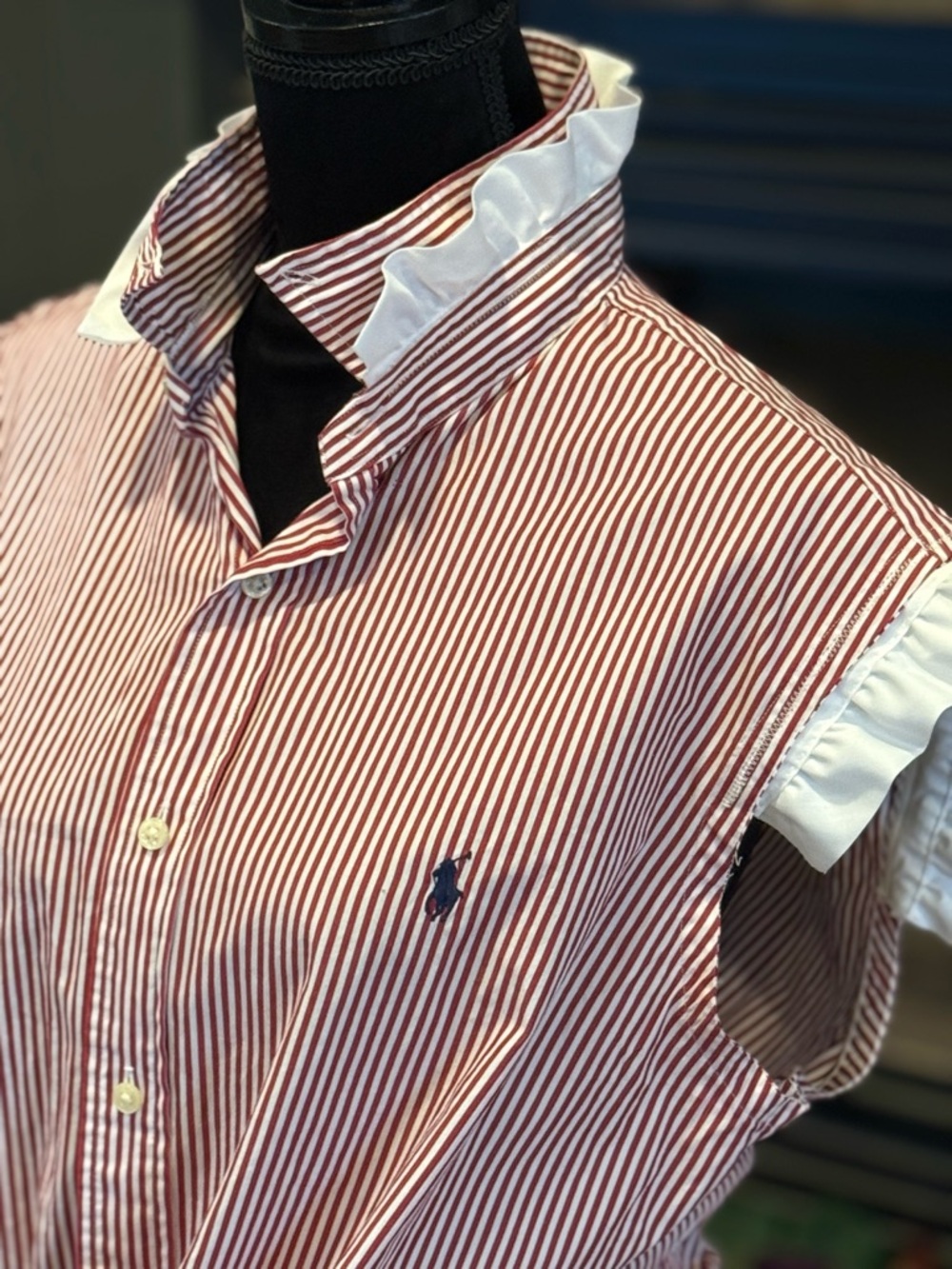 Upcycled Ralph Lauren Red & White Striped Sleeveless Shirt - Picture 2 of 5